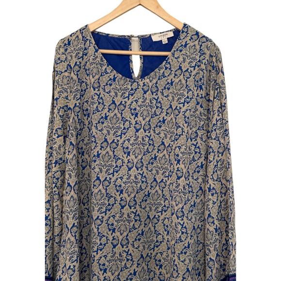 Umgee Blue Boho Shift Dress Open Fringe Sleeves Lined Paisley Print L Fall Boho - Picture 3 of 11
